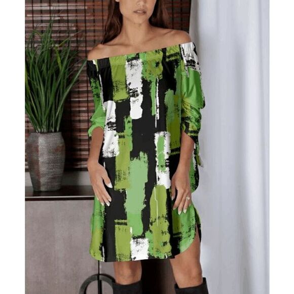 Bon Apple Tea Women's Green & Black Abstract Tie-Sleeve Off-Shoulder Tunic Dress - Picture 1 of 8